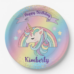Assiettes En Carton Anniversaire Paillettes Or Licorne & Arc-en-Ciel