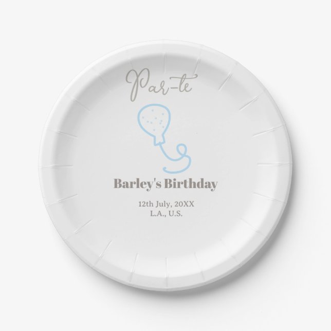 Assiettes En Carton anniversaire par tee ballon gris bleu gribouillage (Devant)
