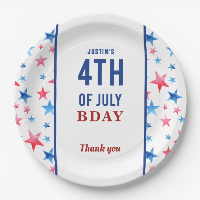 Assiettes En Carton Anniversaire patriotique 4 juillet Red Blue Stars (Devant)