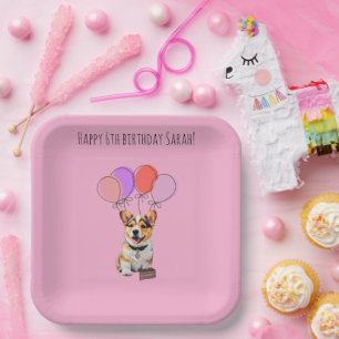 Assiettes En Carton Anniversaire personnalisable de Corgi rose adorabl