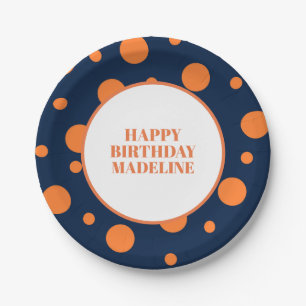 Assiettes En Carton Anniversaire personnalisé bleu marine orange à poi