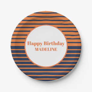 Assiettes En Carton Anniversaire personnalisé rayé bleu marine orange