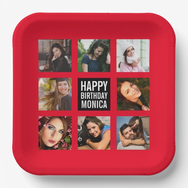 Assiettes En Carton Anniversaire Photo Collage Plaque en papier rouge (Recto)