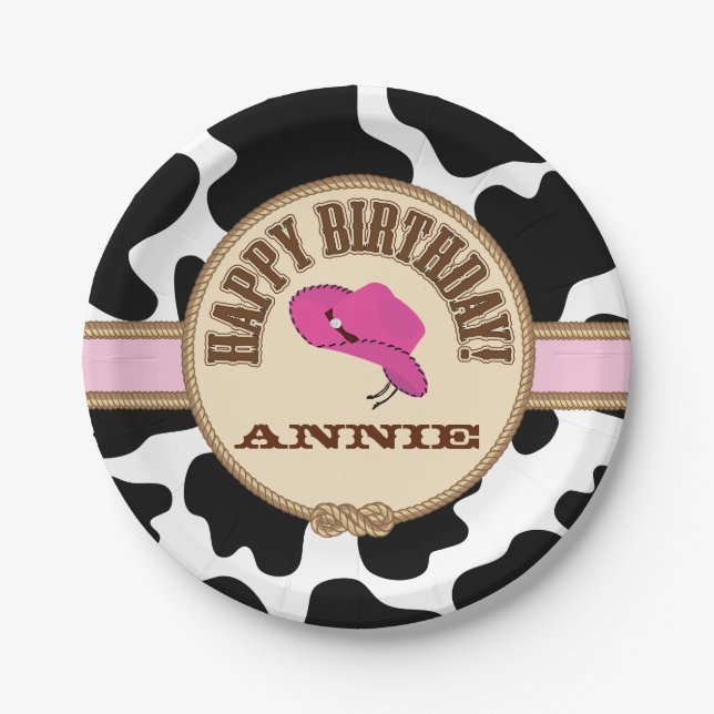 Assiettes En Carton Anniversaire rose de cow-girl, plats (Devant)