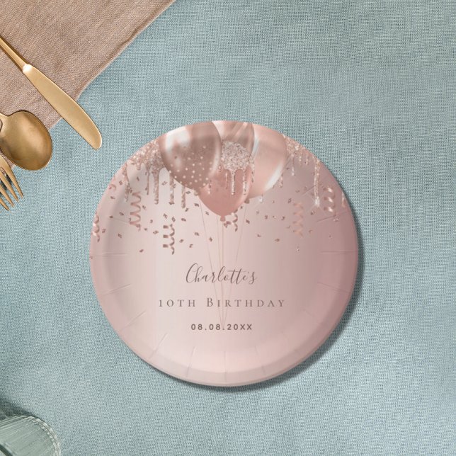 Assiettes En Carton Anniversaire rose de fête nom de ballons d'or (Créateur téléchargé)