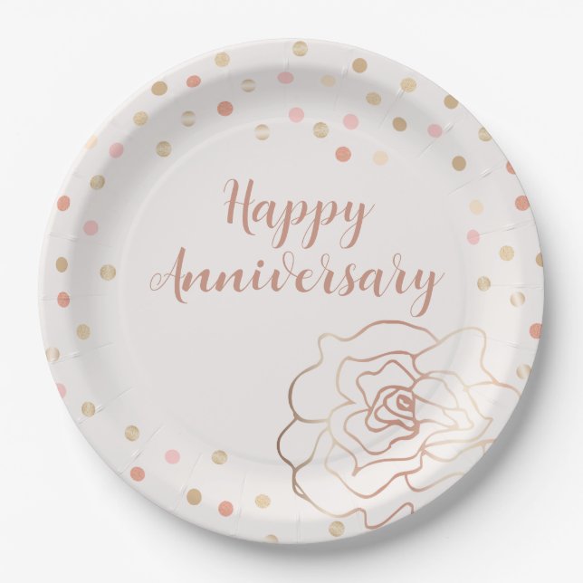 Assiettes En Carton Anniversaire rose Gold Happy avec Pois (Devant)