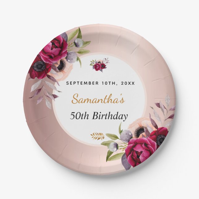Assiettes En Carton Anniversaire rose or bordeaux élégant floral (Devant)