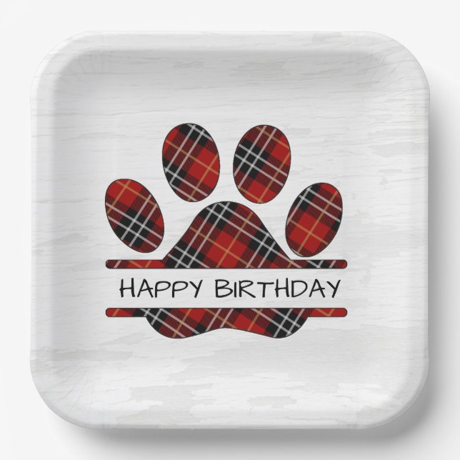 Assiettes En Carton Anniversaire Tartan Plaid Empreinte de patte (Recto)