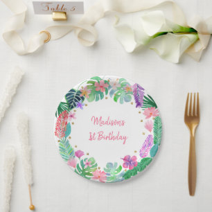 Assiettes En Carton Anniversaire Tropical Floral Rose Gold