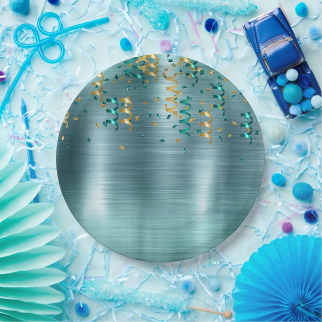 Assiettes En Carton Anniversaire turquoise de Confetti d'or (Fête)