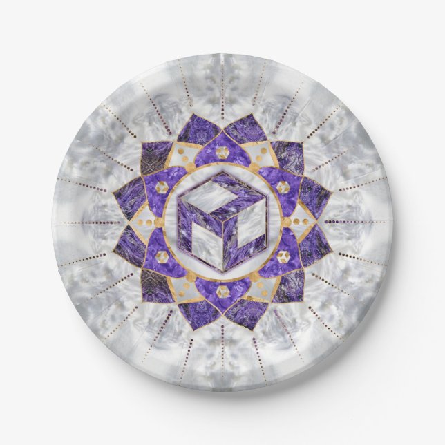 Assiettes En Carton Antahkarana à Lotus Mandala- Amethyst et Pearl (Devant)