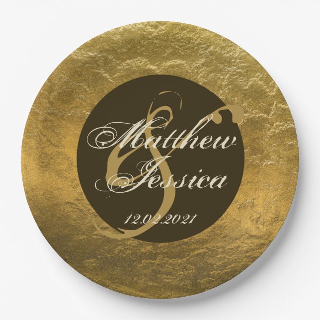 Assiettes En Carton Antique Gold Faux Metal Nom personnalisé Date (Devant)