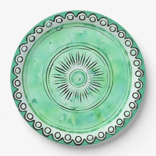 Assiettes En Carton Antique Green Glass Sunburst Fausse Chine (Devant)