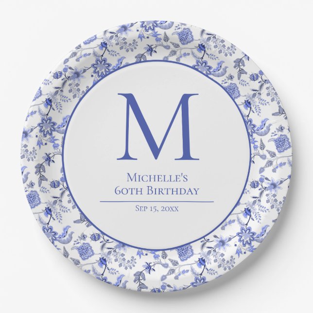 Assiettes En Carton Antique Monorgam Bleu Blanc Floral Anniversaire (Devant)