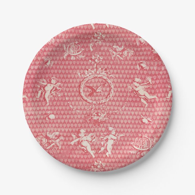 Assiettes En Carton Antique rose rouge Anges et Coeurs cupides (Devant)