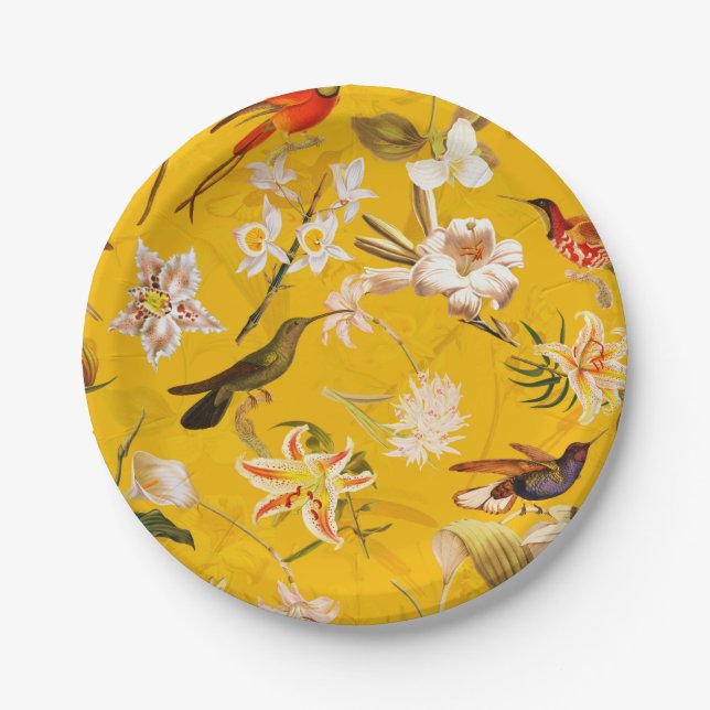 Assiettes En Carton Antique Tropical Hummingbird Jungle Motif Jaune (Devant)