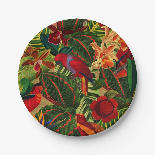 Assiettes En Carton Antique Tropical Parrots Jungle Motif (Devant)