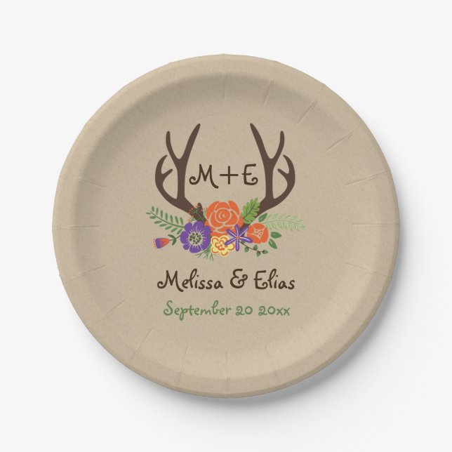 Assiettes En Carton Antlers & fleurs violettes orange mariage rustique (Devant)