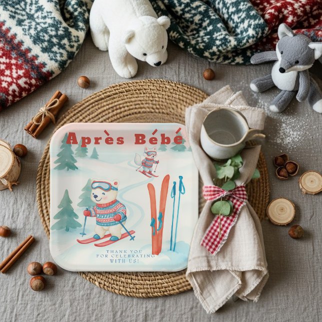 Assiettes En Carton Après Bébé baby ski Polar bear Fox woodland (Après Bébé baby ski Polar bear Fox woodland Paper Plates)