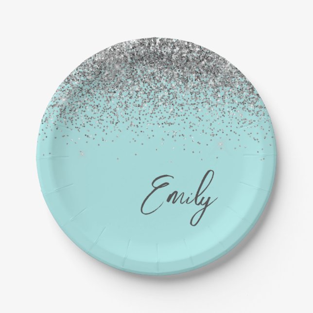 Assiettes En Carton Aqua Bleu Sarcelle Argent Paillettes Monogramme (Devant)