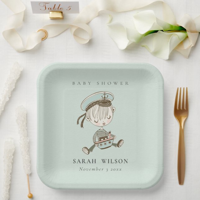 Assiettes En Carton Aqua Blue Boys Little Sailor Baby shower nautique (Mariage)