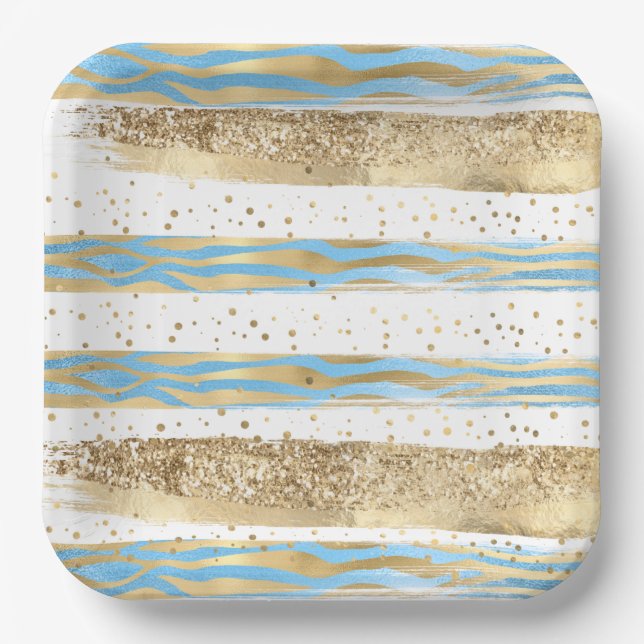 Assiettes En Carton Aqua Blue Gold Parties scintillant Confetti Zebra  (Recto)