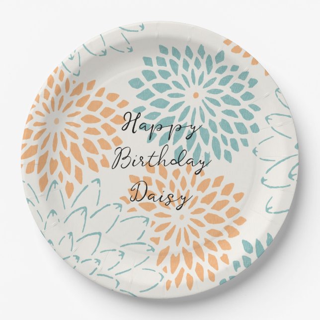Assiettes En Carton Aqua Blue Peach White Floral Anniversaire (Devant)