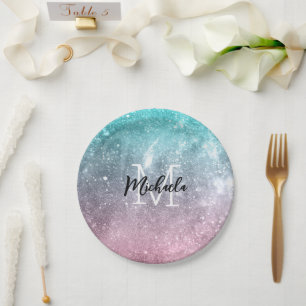 Assiettes En Carton Aqua blue Pink ombre mer galaxie abstraite Monogra