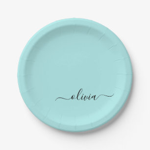 Assiettes En Carton Aqua Blue Turquoise Girl Script Monogramme Nom Mod