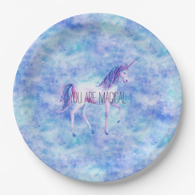 Assiettes En Carton Aqua Purple White Unicornes Anniversaire (Devant)
