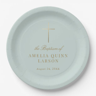 Assiettes En Carton Aqua Simple Elegant Gold Cross Baptism Christening