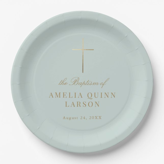 Assiettes En Carton Aqua Simple Elegant Gold Cross Baptism Christening (Devant)