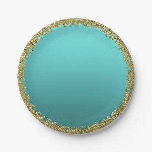 Assiettes En Carton Aqua Teal Doré Pailleté Glamour Paillettes Fête
