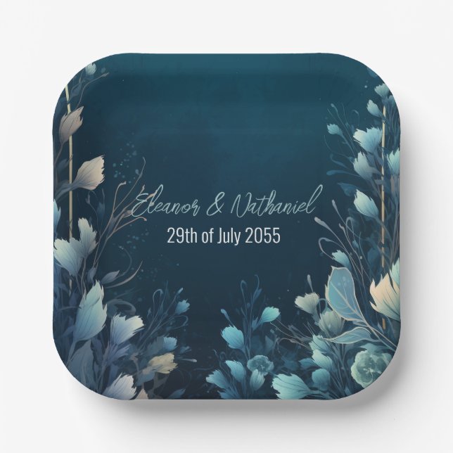 Assiettes En Carton Aquamarine foncée et Mariage Floral bleu Turquoise (Recto)
