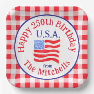 Assiettes En Carton Aquarelle 250 Anniversaire Drapeau USA Rouge à car