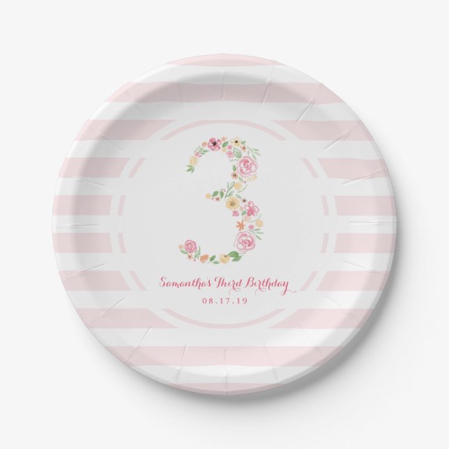 Assiettes En Carton Aquarelle 3e anniversaire Floral TROIS (Devant)