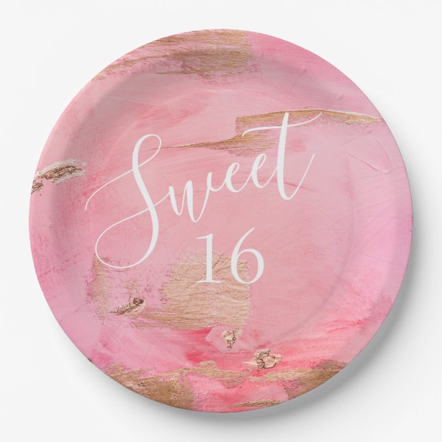 Assiettes En Carton Aquarelle Abstraite Sweet 16 Or rose (Devant)