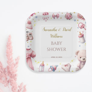 Assiettes En Carton Aquarelle Adorable rose Joyeux Baby shower Floral