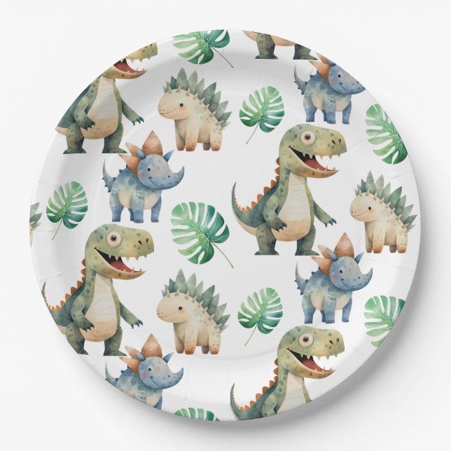 Assiettes En Carton Aquarelle Anniversaire de enfant Dinosaur (Devant)