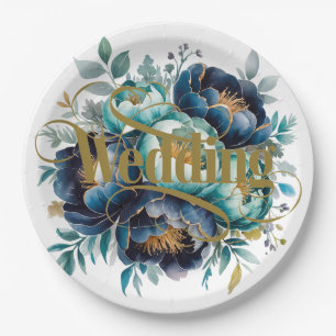 Assiettes En Carton Aquarelle Aqua Navy Blue Peony Floral Mariage