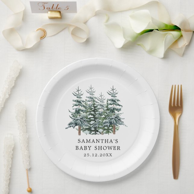 Assiettes En Carton Aquarelle Arbre de Noël Baby shower d'hiver (Mariage)