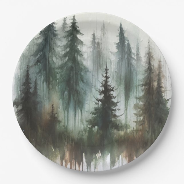 Assiettes En Carton Aquarelle Arbres Rustique Wilderness Mariage (Devant)