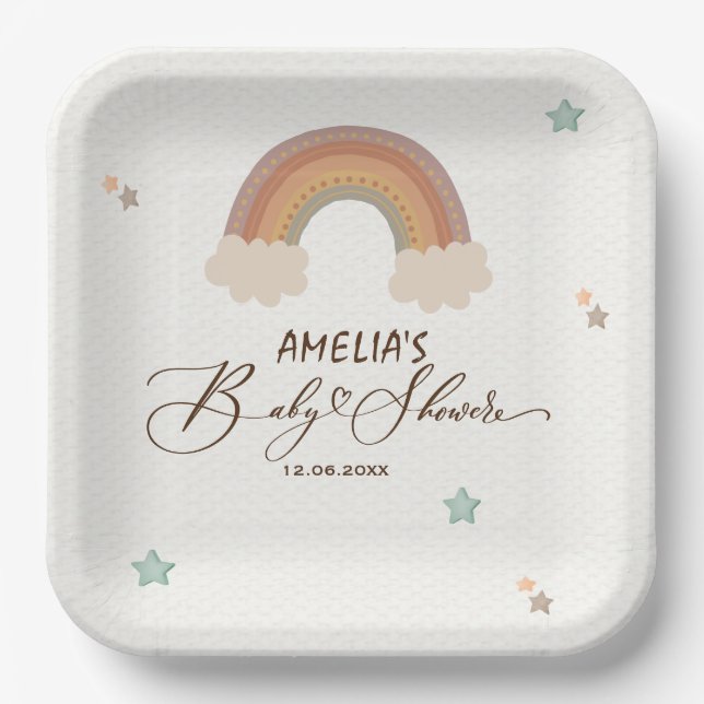 Assiettes En Carton Aquarelle arc-en-ciel Boho Sexe Baby shower neutre (Recto)