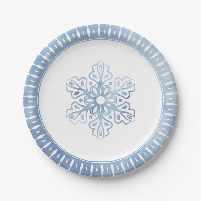 Assiettes En Carton Aquarelle artistique Flocon de neige Bleu Noël (Devant)