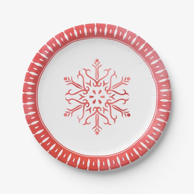 Assiettes En Carton Aquarelle artistique Flocon de neige Noël rouge (Devant)