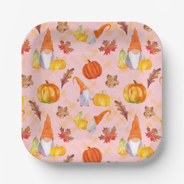 Assiettes En Carton Aquarelle Automne Gnomes, Citrouille Et Feuille (Recto)