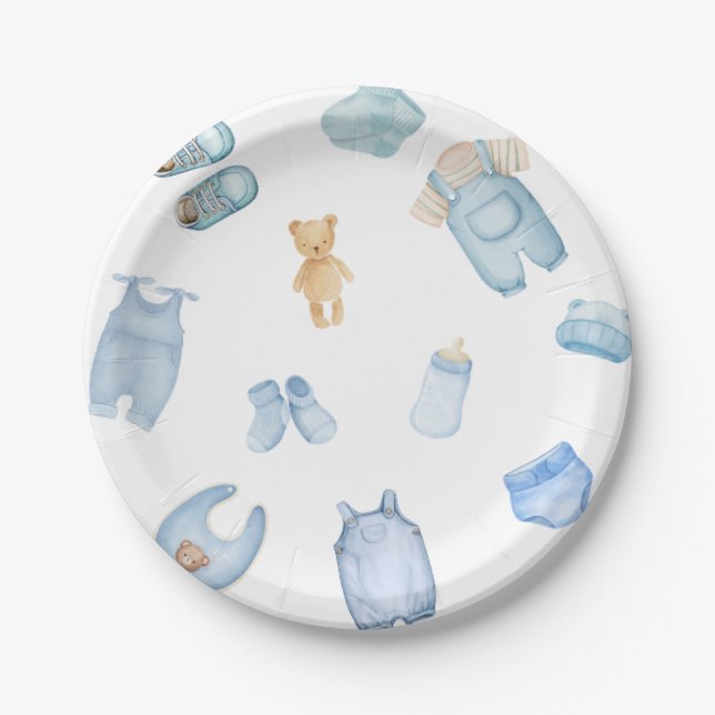 Assiettes En Carton Aquarelle Baby shower bleu (Devant)