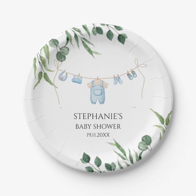Assiettes En Carton Aquarelle Baby shower bleu (Devant)