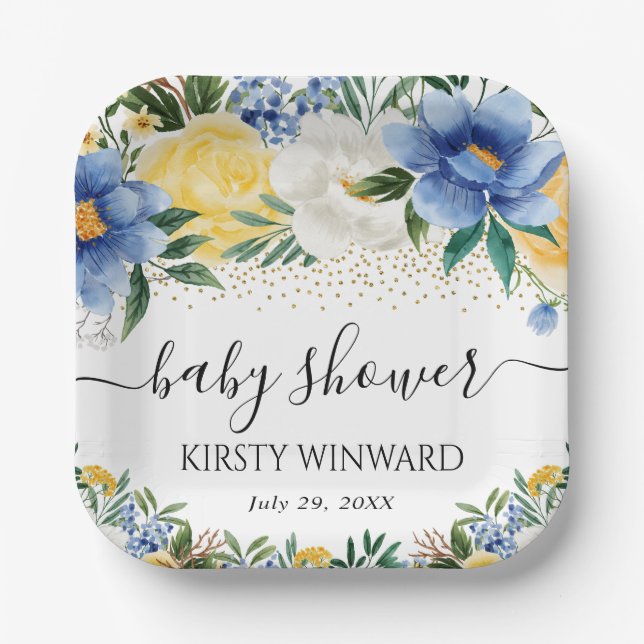 Assiettes En Carton Aquarelle Baby shower de fleurs bleu et jaune (Recto)