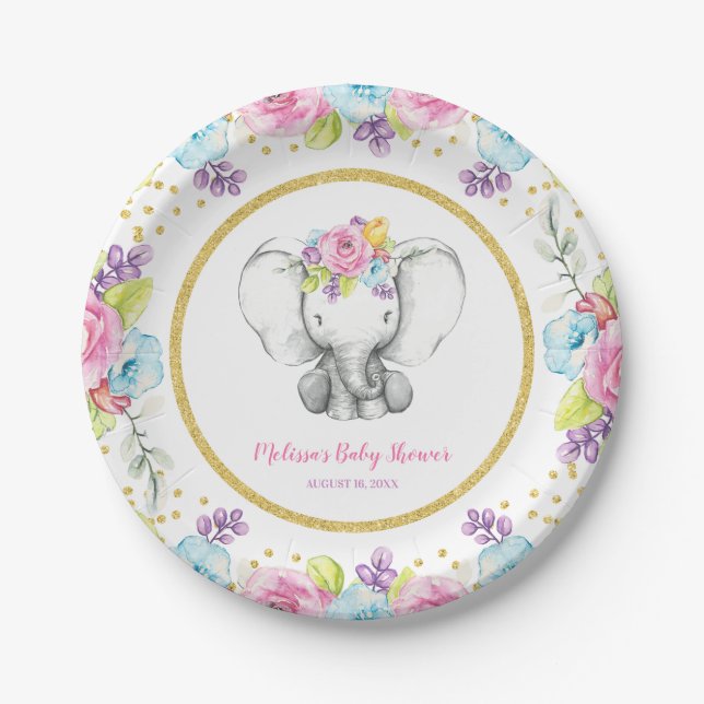 Assiettes En Carton Aquarelle Baby shower d'éléphants floraux (Devant)